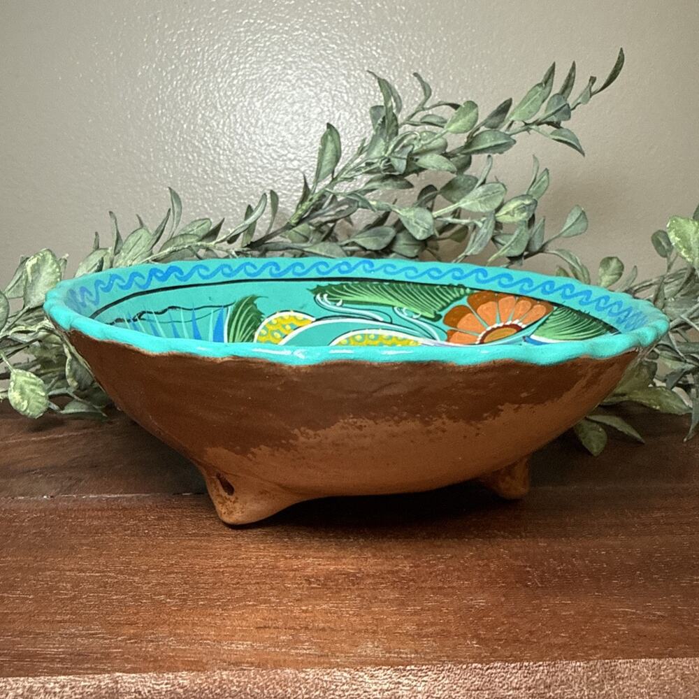 Hand Painted Mexican Folk Art Pottery Footed Bowl Bird Floral Terracotta 6.75” - Picture 4 of 12